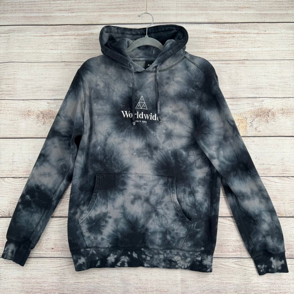 HUF‎ Worldwide Embroidered Tie Dye Hoodie Sweatshirt Adult Small Gray Tie Dye